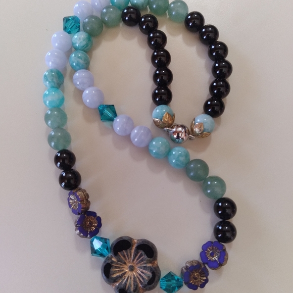 Handmade💎GENUINE💥 17" Onyx, Amazonite, Aventurine,Swarov & Glass🌺Flwer Neckl. - Picture 11 of 14